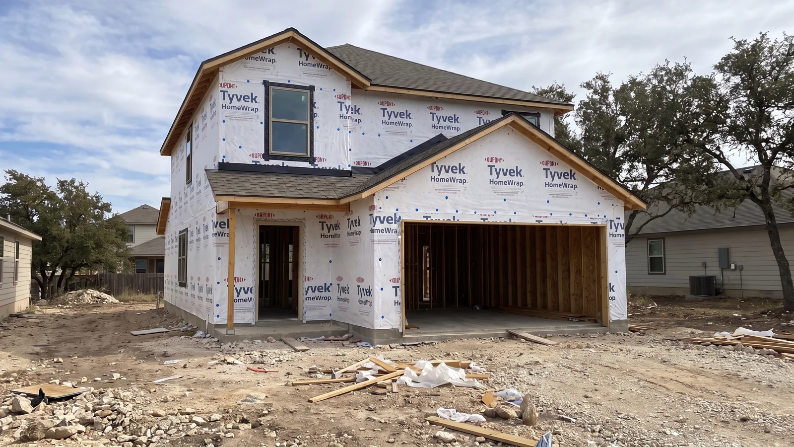 Illustrative two-story home at the pre-drywall stage