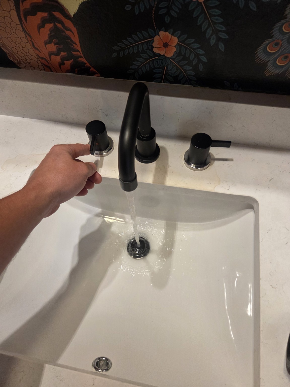 Operating a bathroom faucet and running water into the sink during a plumbing inspection