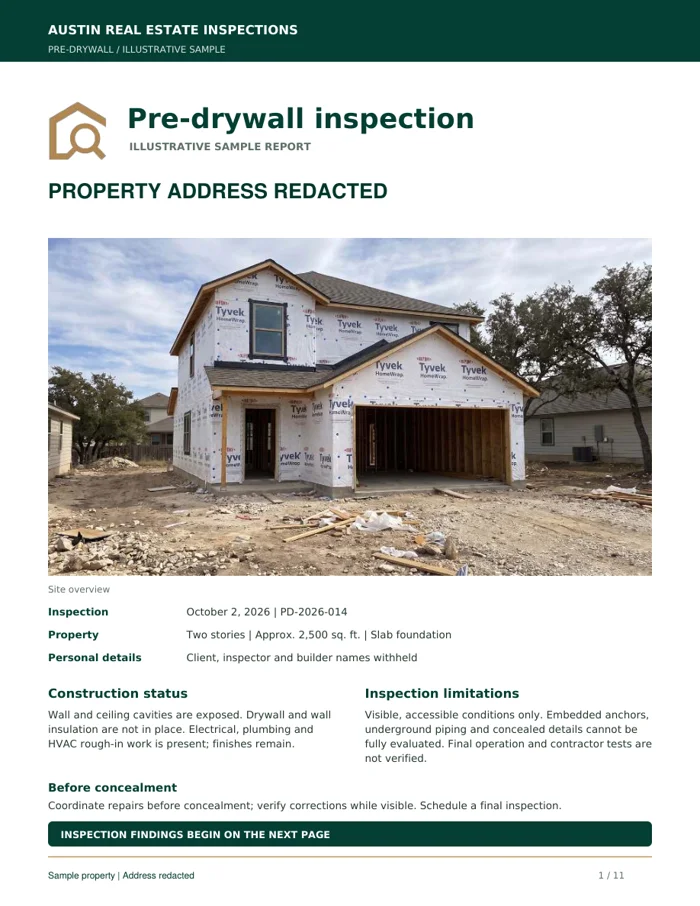 Cover of the illustrative pre-drywall sample inspection report