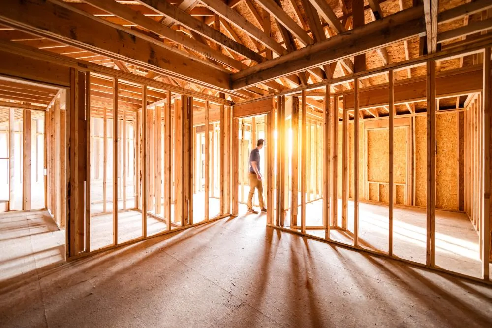 Exposed framing inside a home under construction