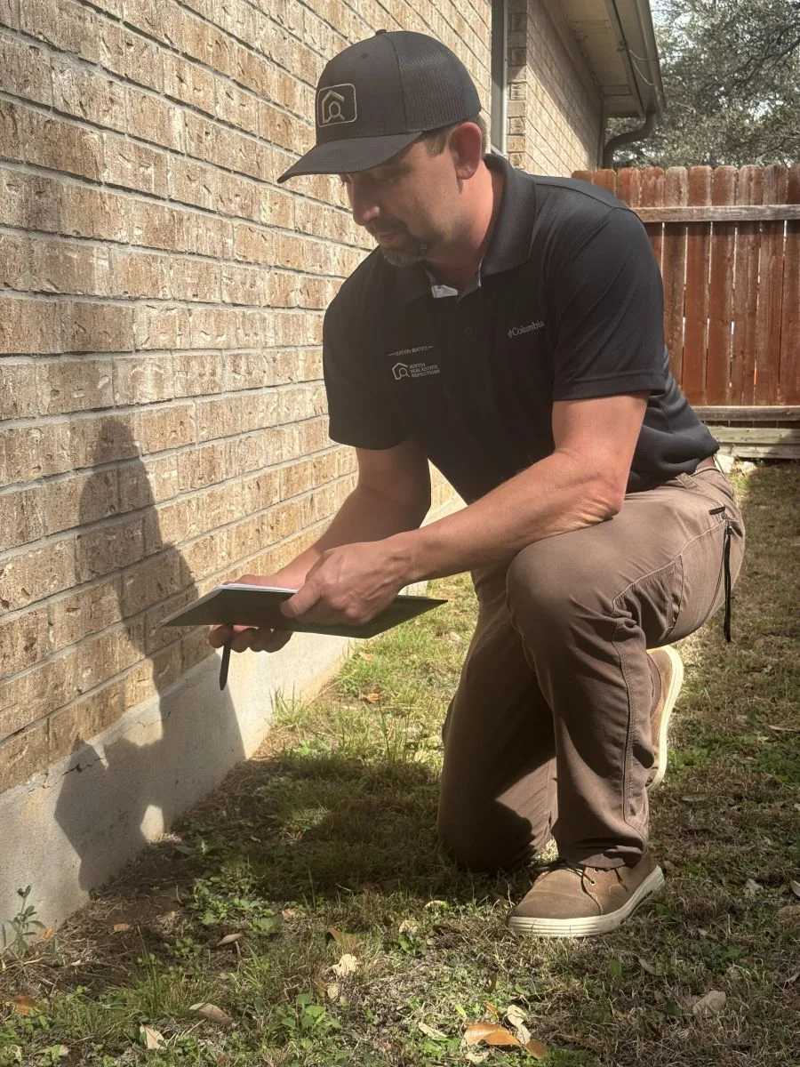 Eaton Bates inspecting the exterior wall and foundation of a home