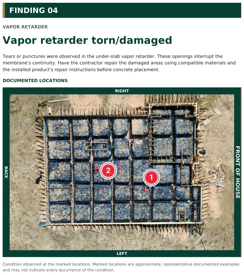 Sample vapor-retarder finding with narrative and numbered aerial locations