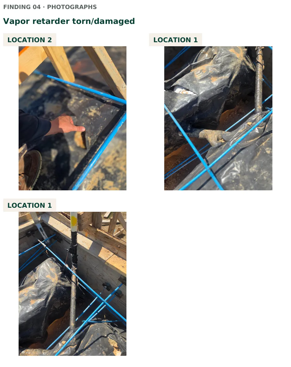Sample photographs labeled to correspond with numbered defect locations