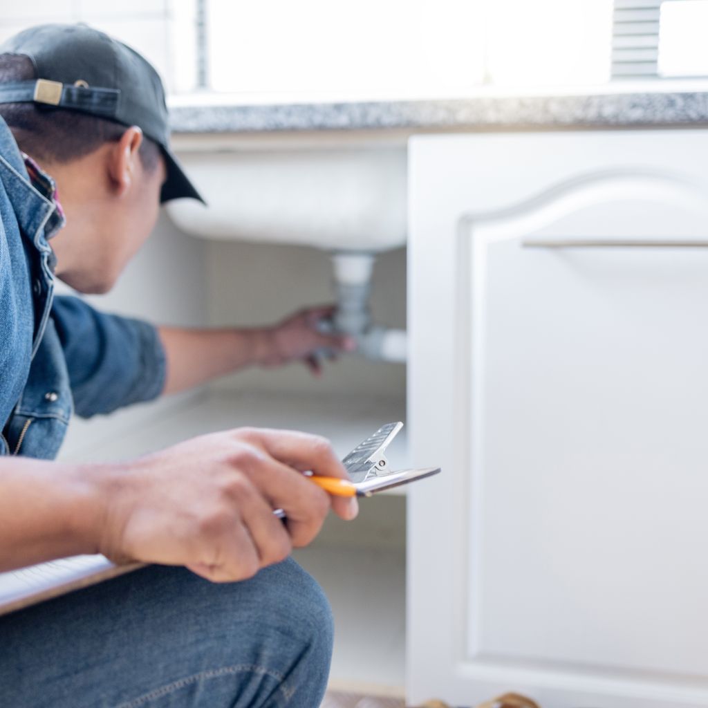 Home inspector examining plumbing under a sink for leaks and proper drainage