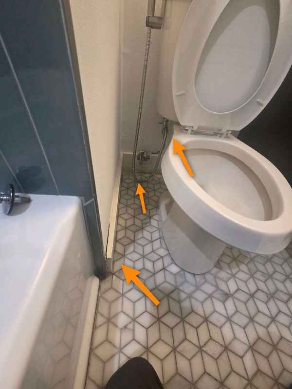 Upstairs toilet and surrounding floor with arrows marking areas of concern