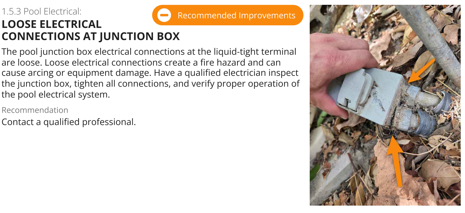 Pool inspection report excerpt with photographs documenting a finding