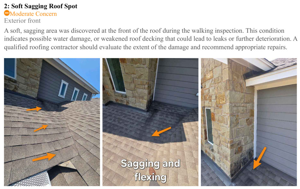 Sample report finding with three annotated photos of a soft, sagging roof area